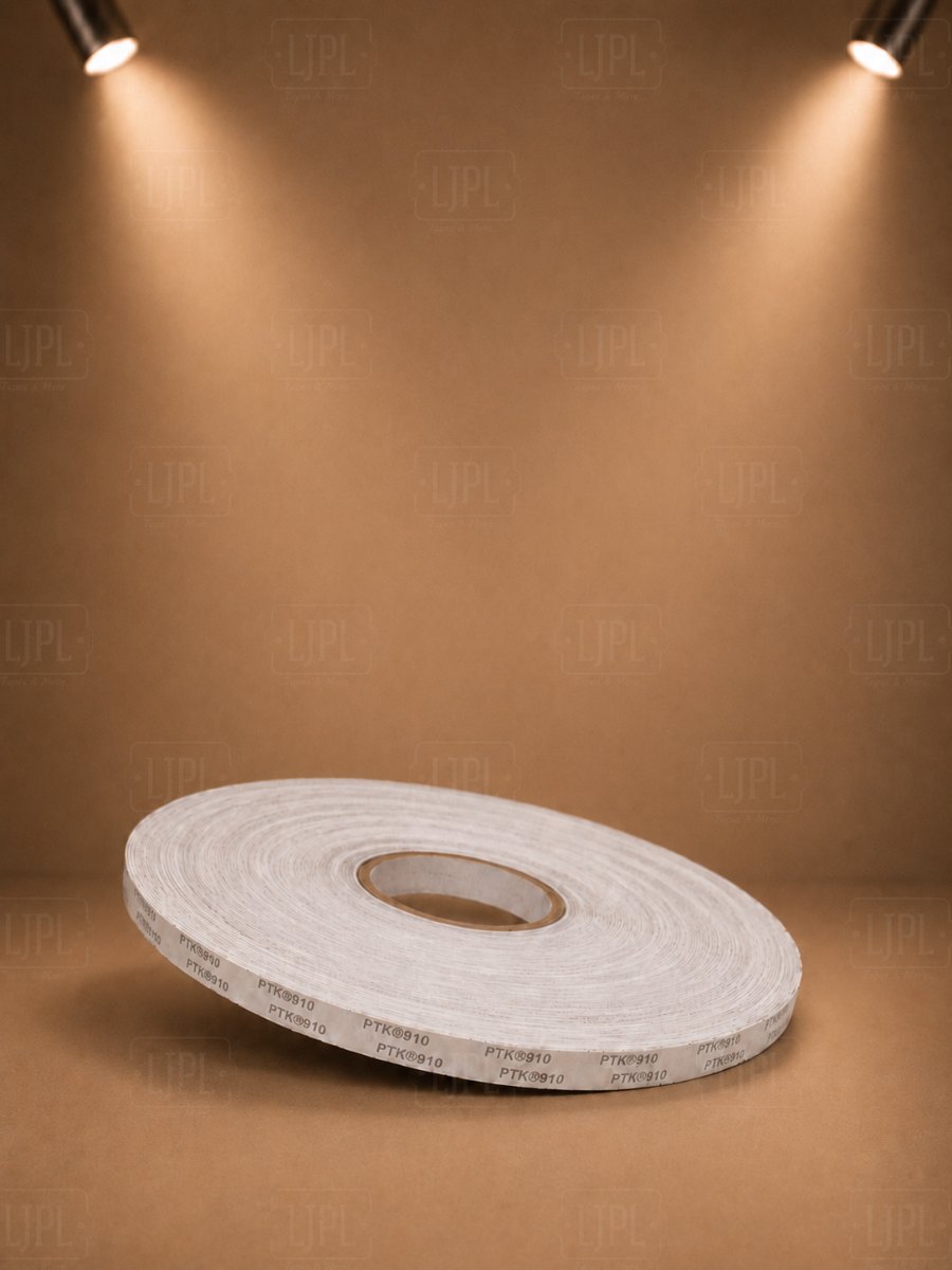 PTK 910 premium double-sided tissue tape reel in studio lighting, made by Lalit Jain Industries, Sonipat