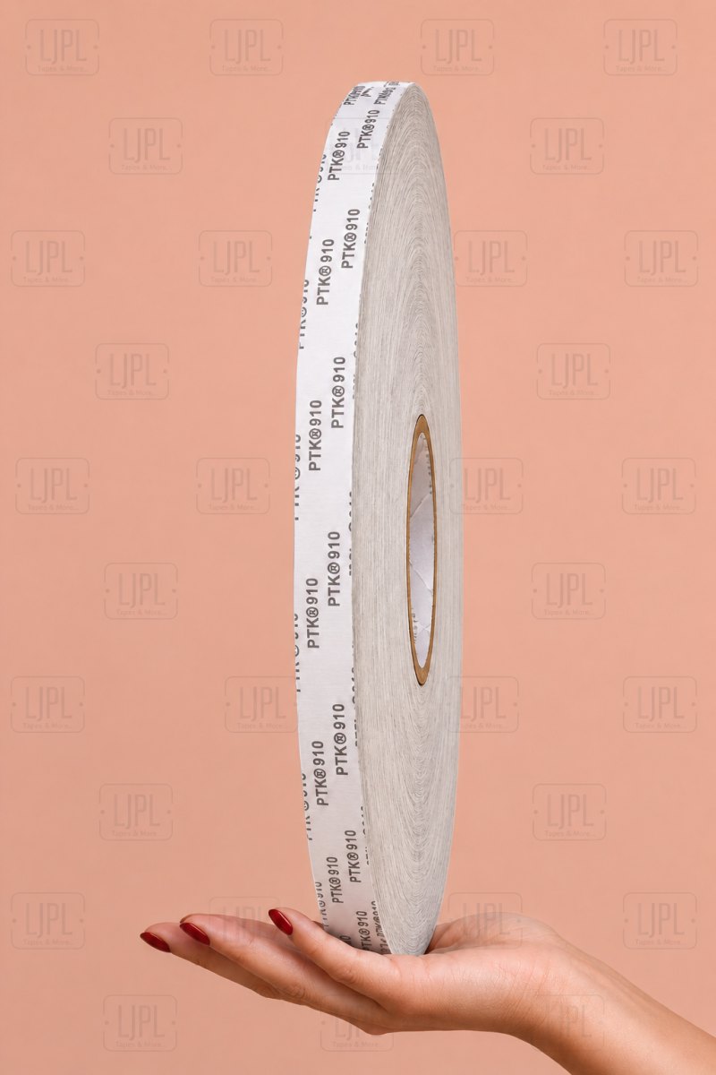 A single 12 mm x 500 m PTK 910 double-sided tissue tape reel held in one hand, showing the industry-first 500 metre roll size
